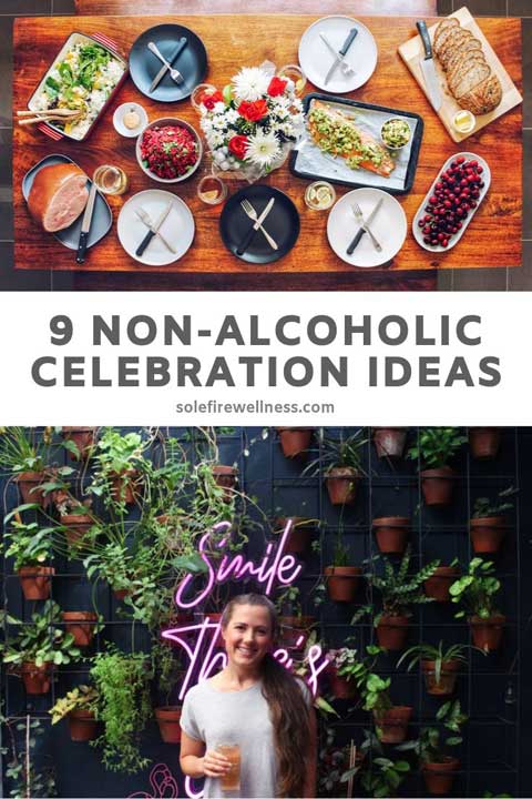 Title reads: '9 non-alcoholic celebration ideas' with a photo of a smiling woman holding a mocktail and a table spread of food
